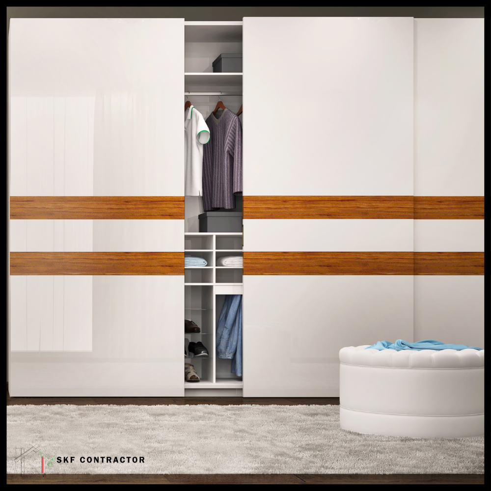 White gloss sliding wardrobe with walnut wood strips and organised interior shelves.