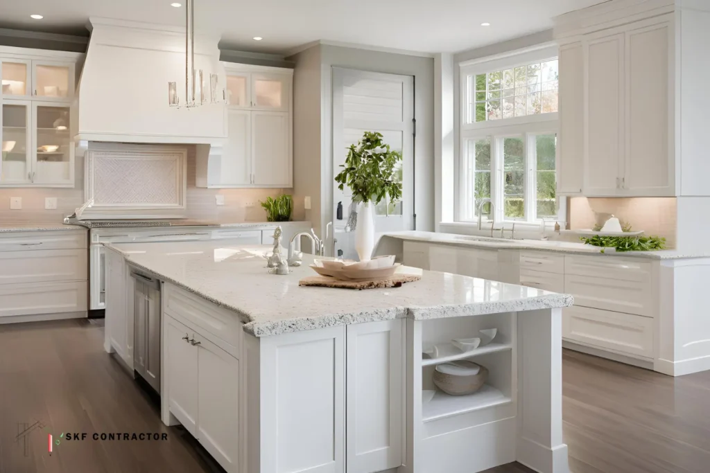 Kashmir White granite kitchen island countertop with white cabinets granite colors
