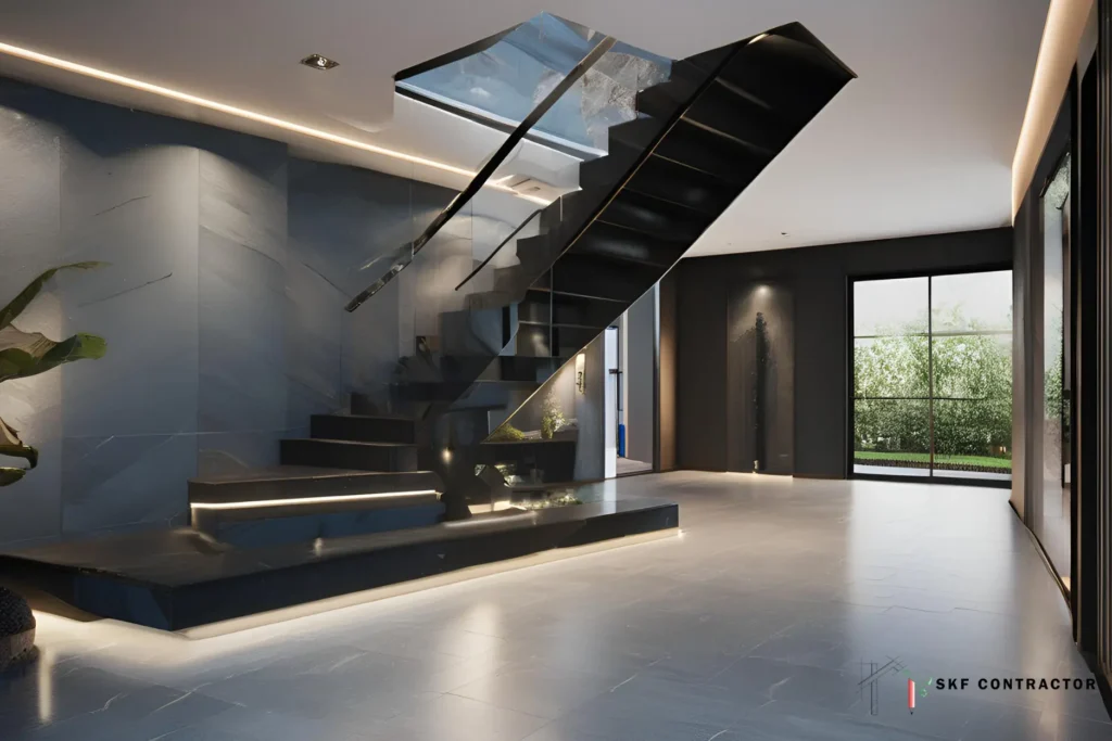 Dark multicolour granite staircase and flooring in modern home