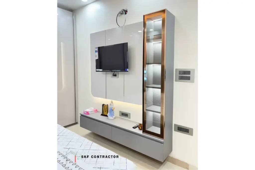 Wall-mounted L-shaped TV unit with tall glass display cabinet
