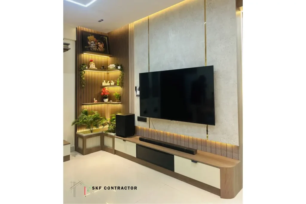 L-shaped TV unit design with wooden closed storage drawers
