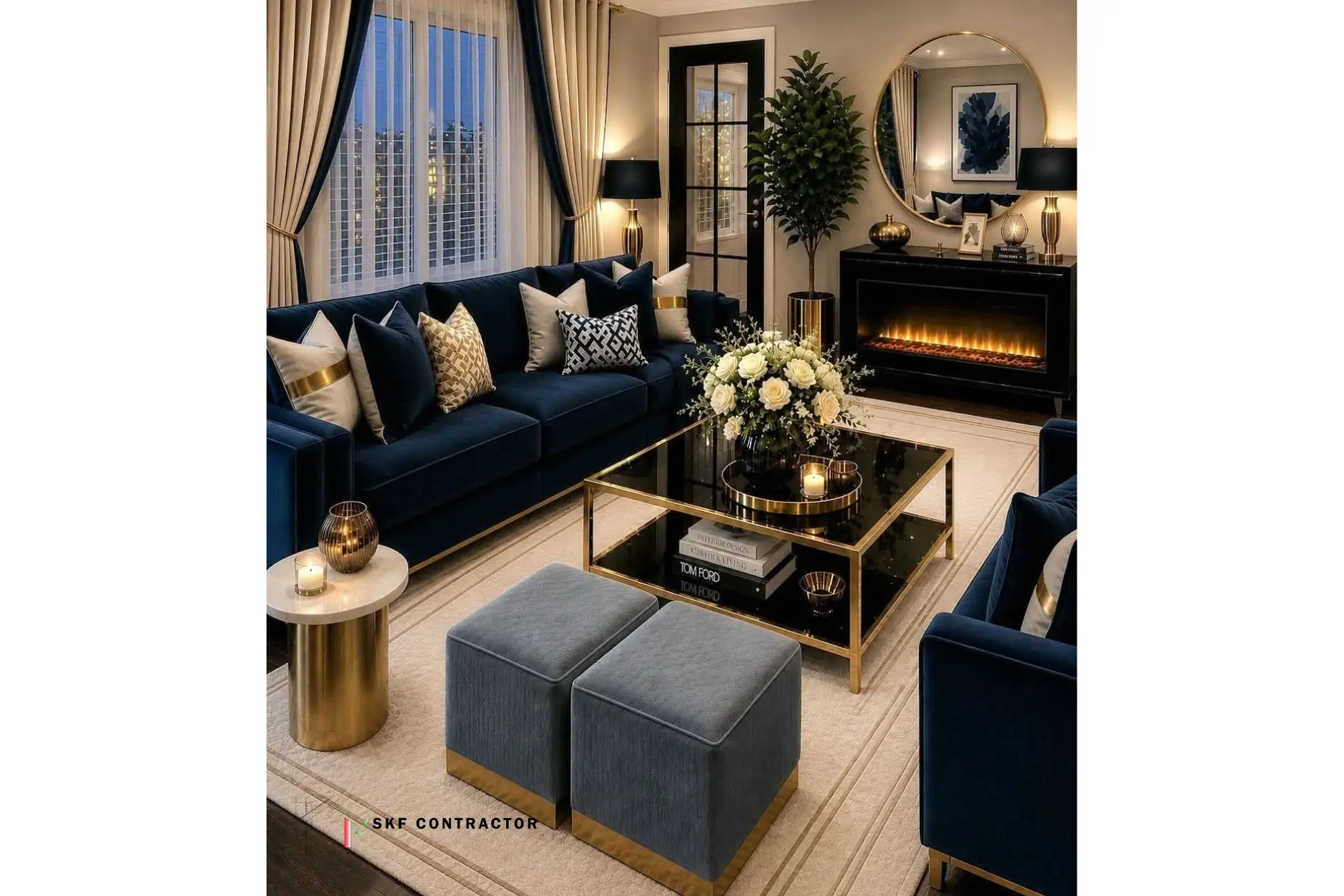 Navy blue velvet sofa with gold accents, glass coffee table and fireplace in living room