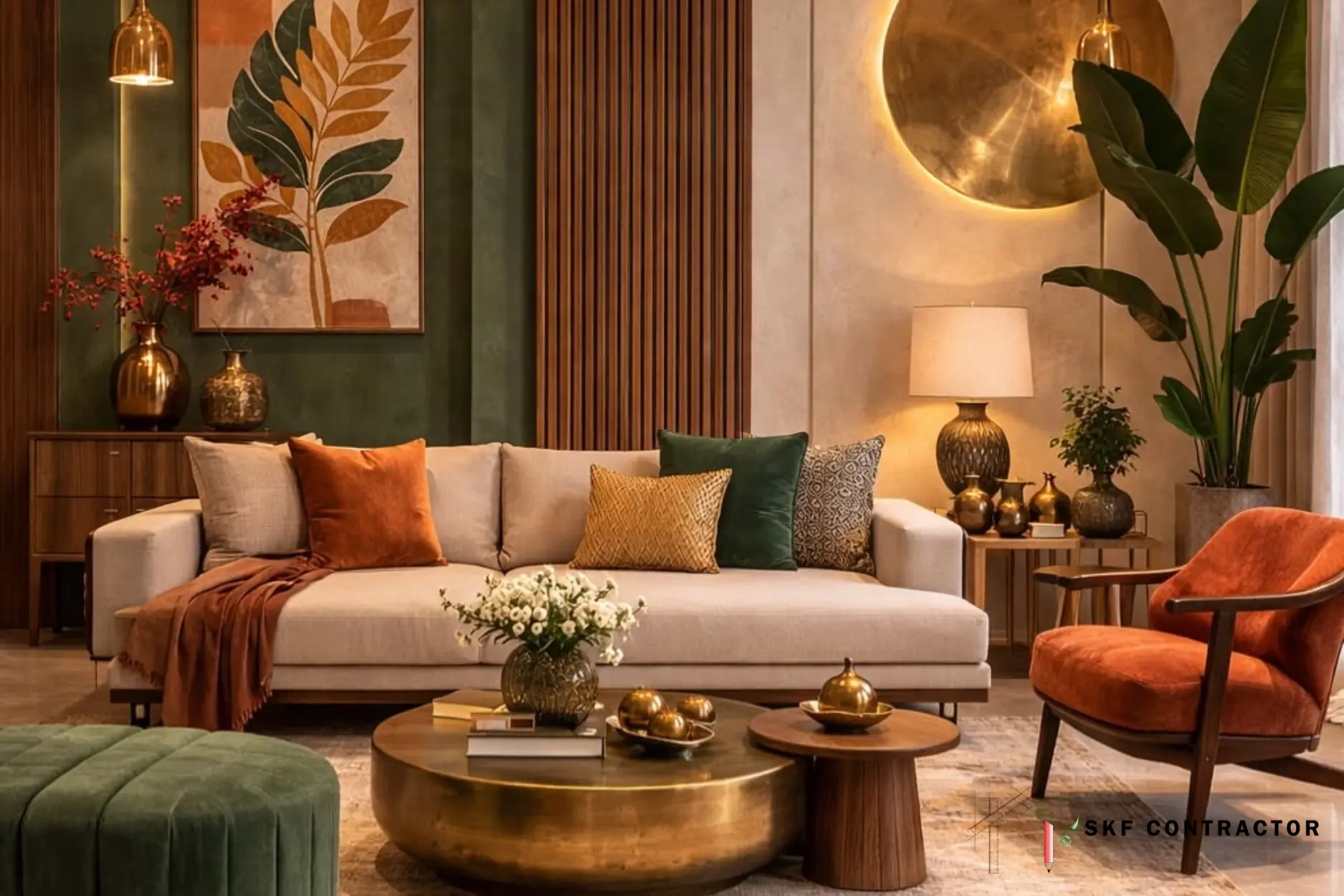 Warm wood and gold living room with beige sofa, brass coffee table and green accents