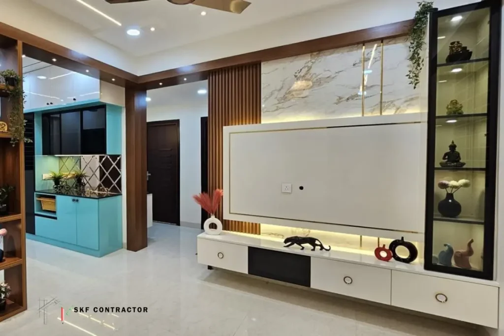L-shaped TV showcase design with marble panel and glass display