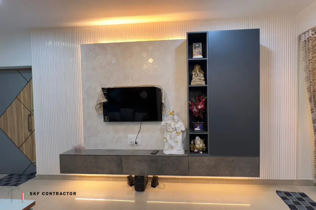 L-shaped TV unit design for hall with display niches