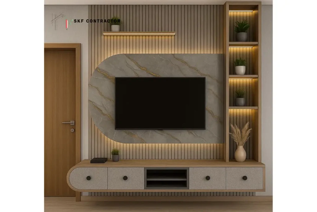 L-shaped TV unit design for living room with stone backdrop