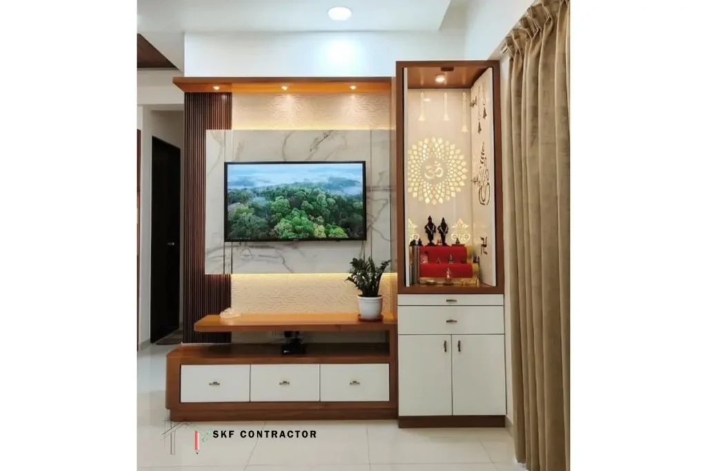 Modern L-shaped TV wall unit design with wooden panel