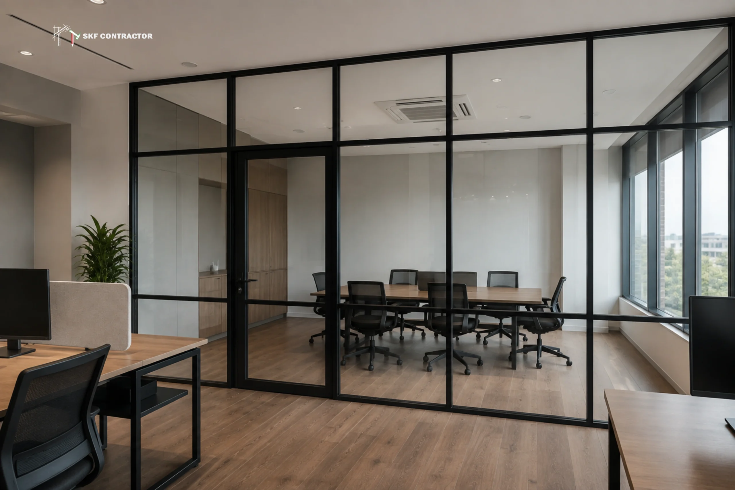 Glass partitions with framed sections