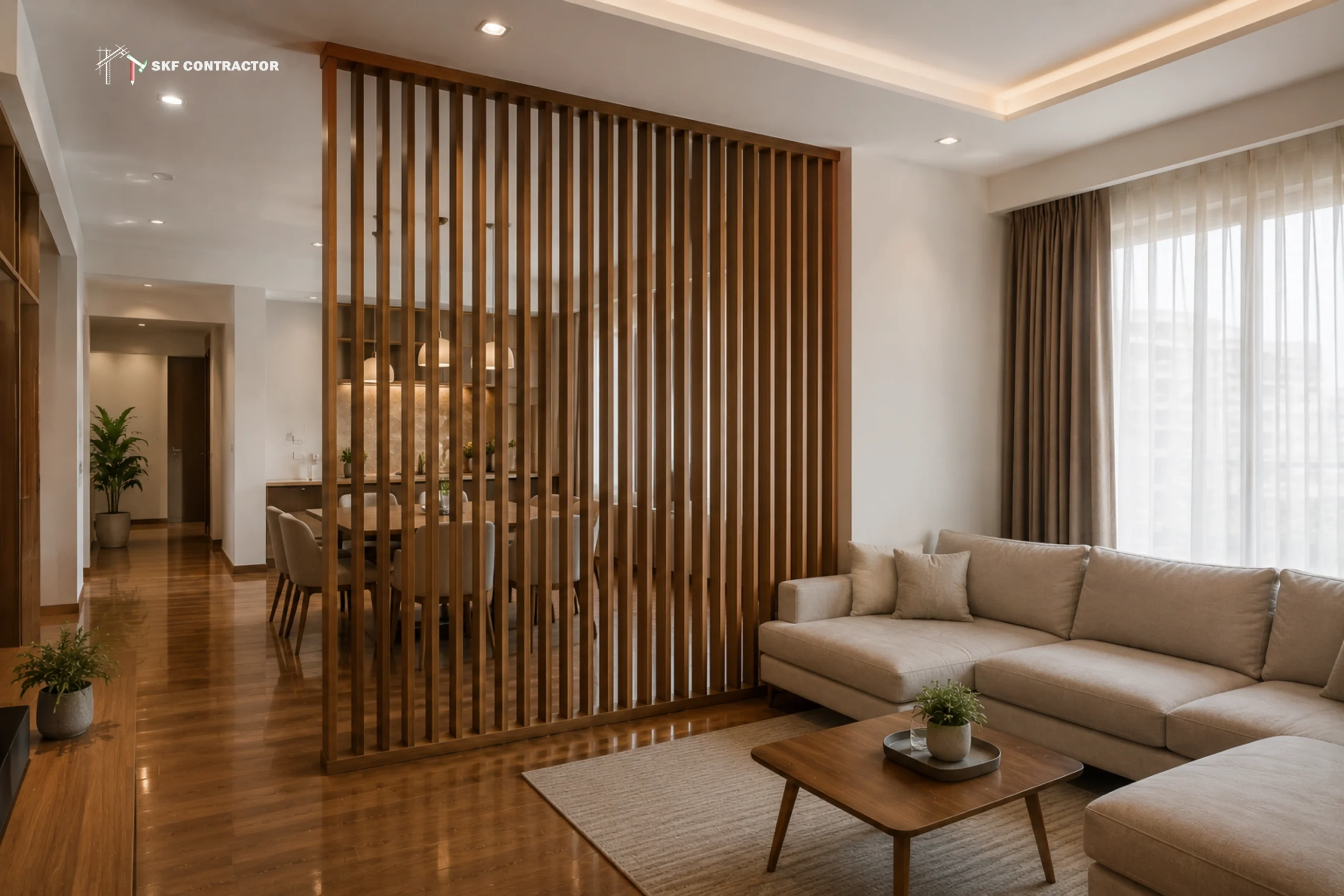 Slatted wood partitions