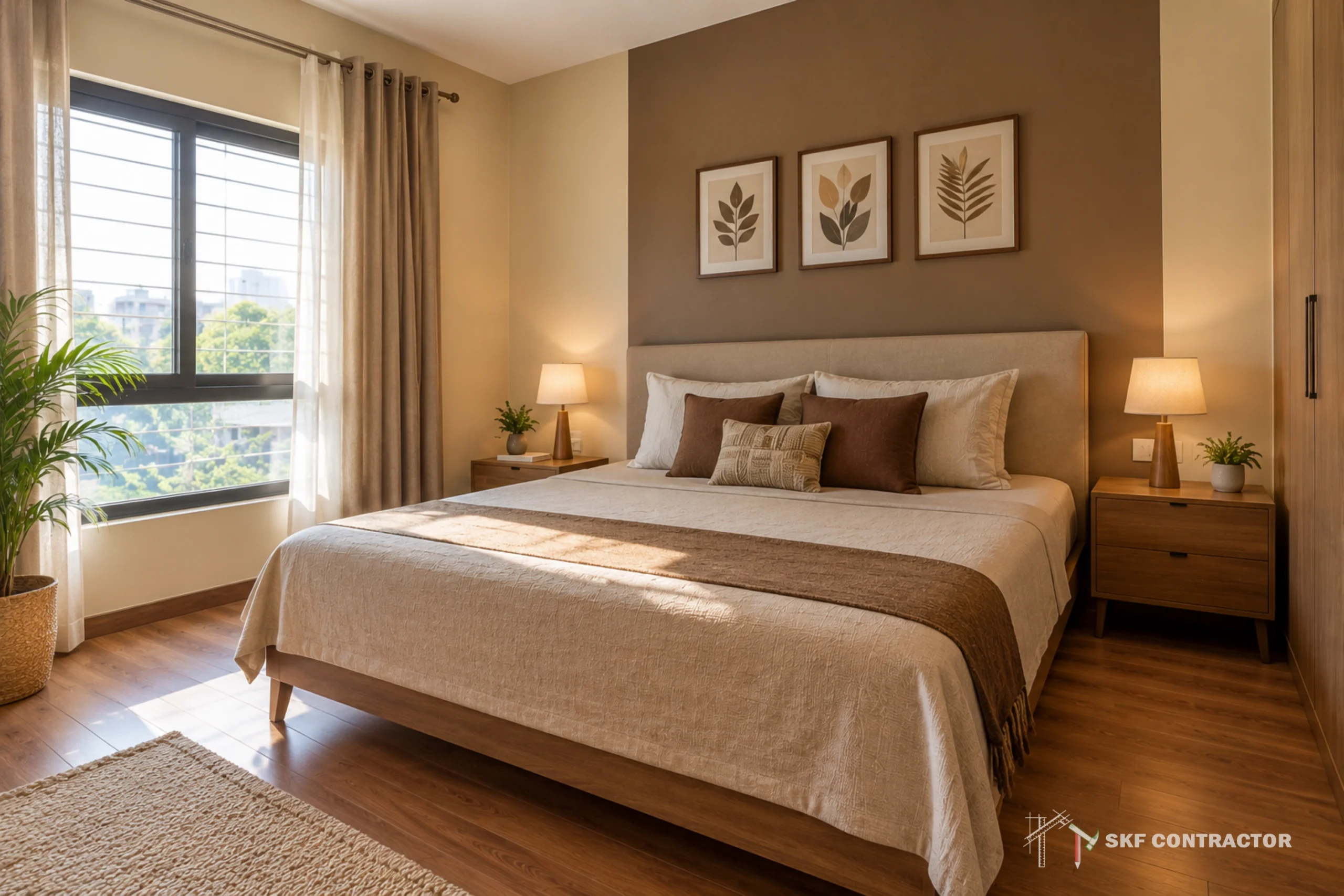 Warm, modern bedroom with a neatly made king bed, wood accents, framed botanical art, bedside lamps, plants, and sunlight through windows.