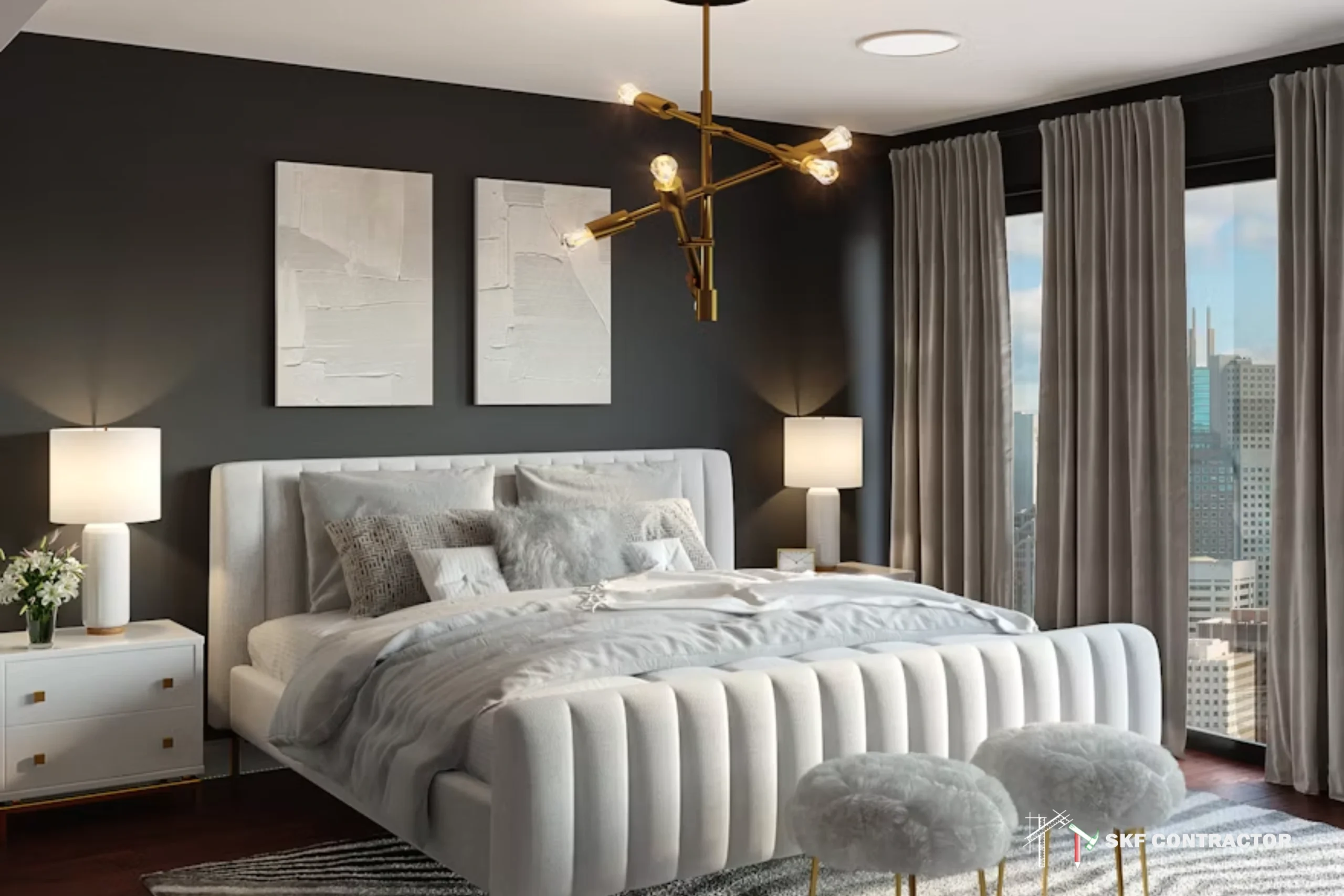 Modern luxury bedroom with a plush gray upholstered bed, black walls, gold chandelier, floor-to-ceiling windows, and a city view.