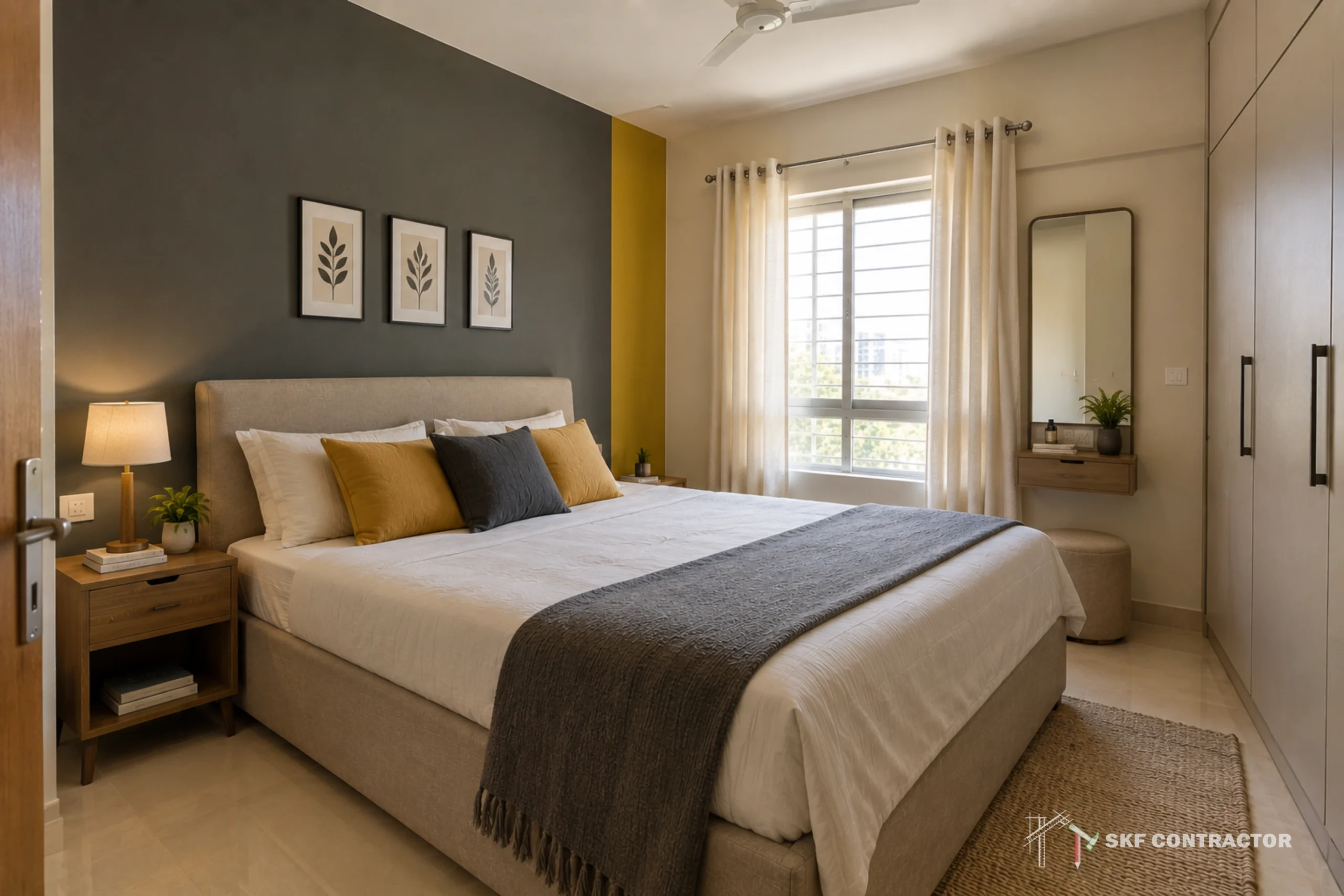Modern cozy bedroom with a neatly made bed, gray accent wall, mustard pillows, window seating, framed art, and warm neutral decor.