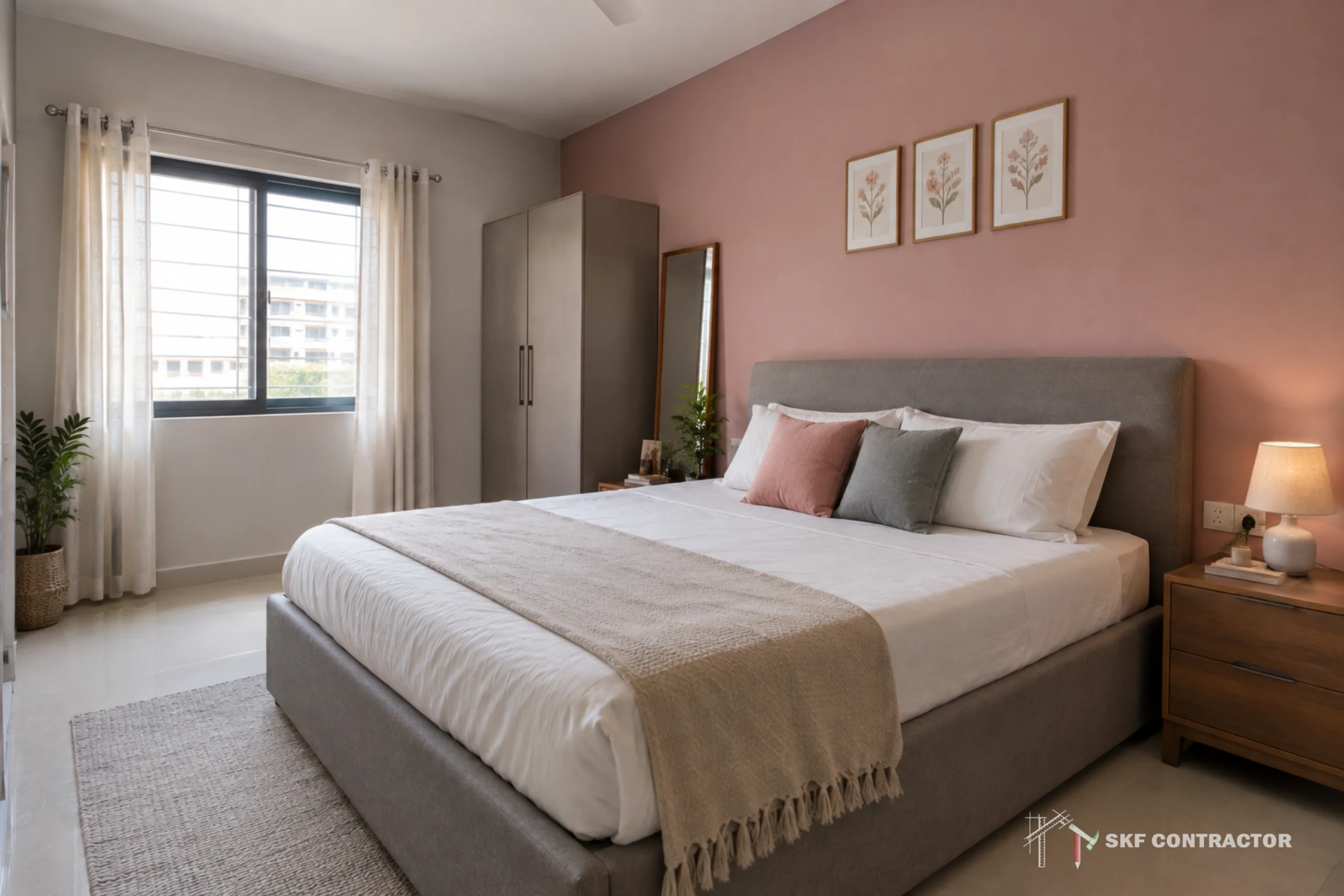 Calm modern bedroom with a neatly made gray bed, blush pillows, warm lamp, framed botanical art, wardrobe, and sunlit window.