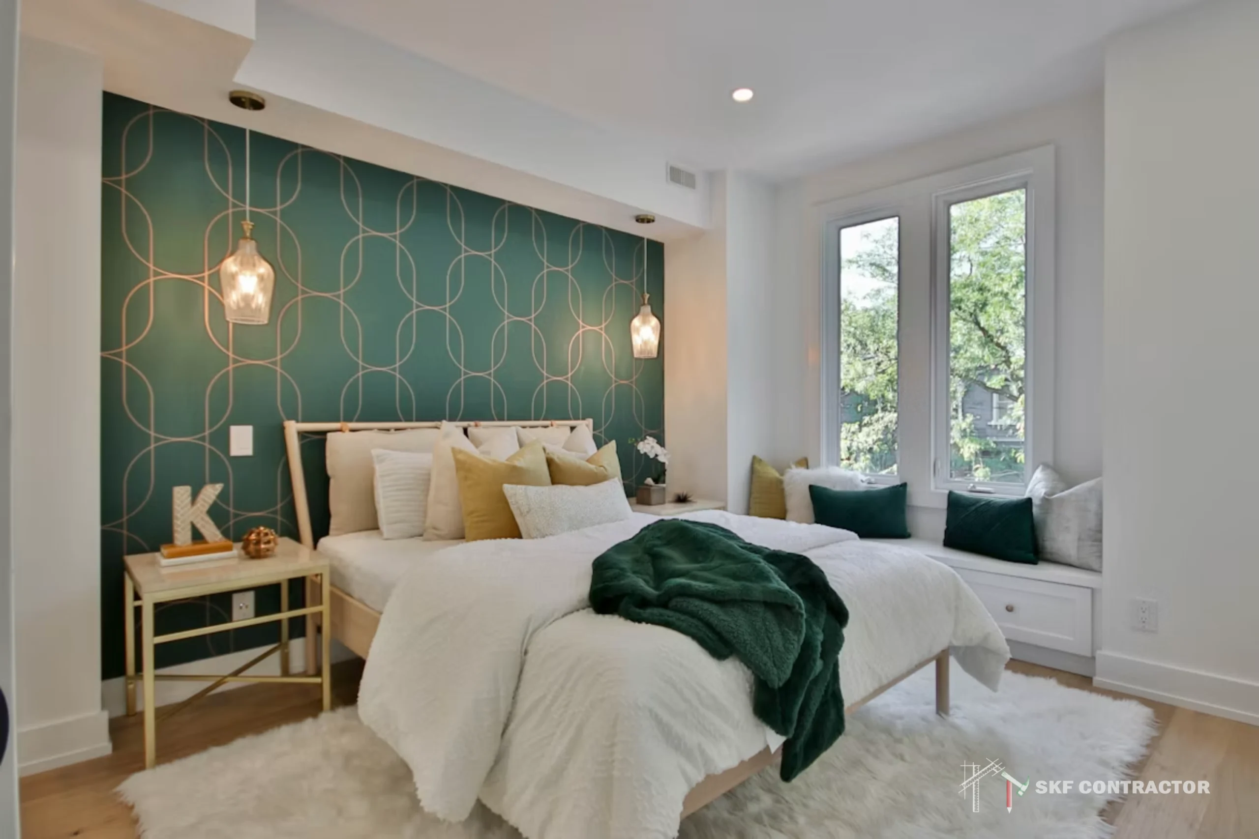 Bright, elegant bedroom with a white bed, layered pillows, dark green throw, teal patterned accent wall, pendant lights, and leafy window views.