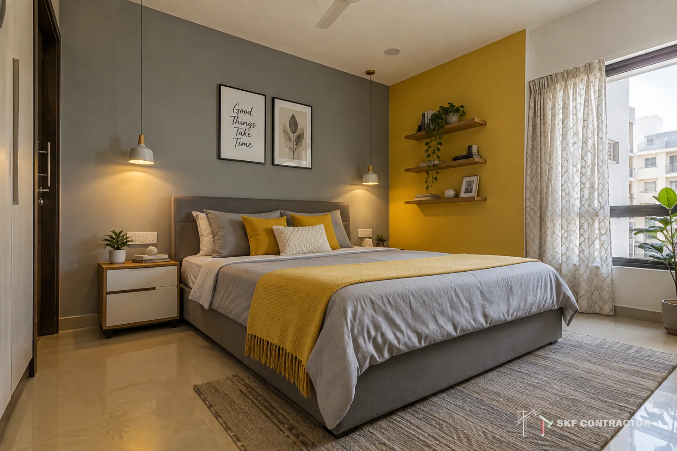 Modern bedroom with gray and yellow decor, double bed, bedside tables, hanging lights, wall art, floating shelves with plants, and a large window with sheer curtains.