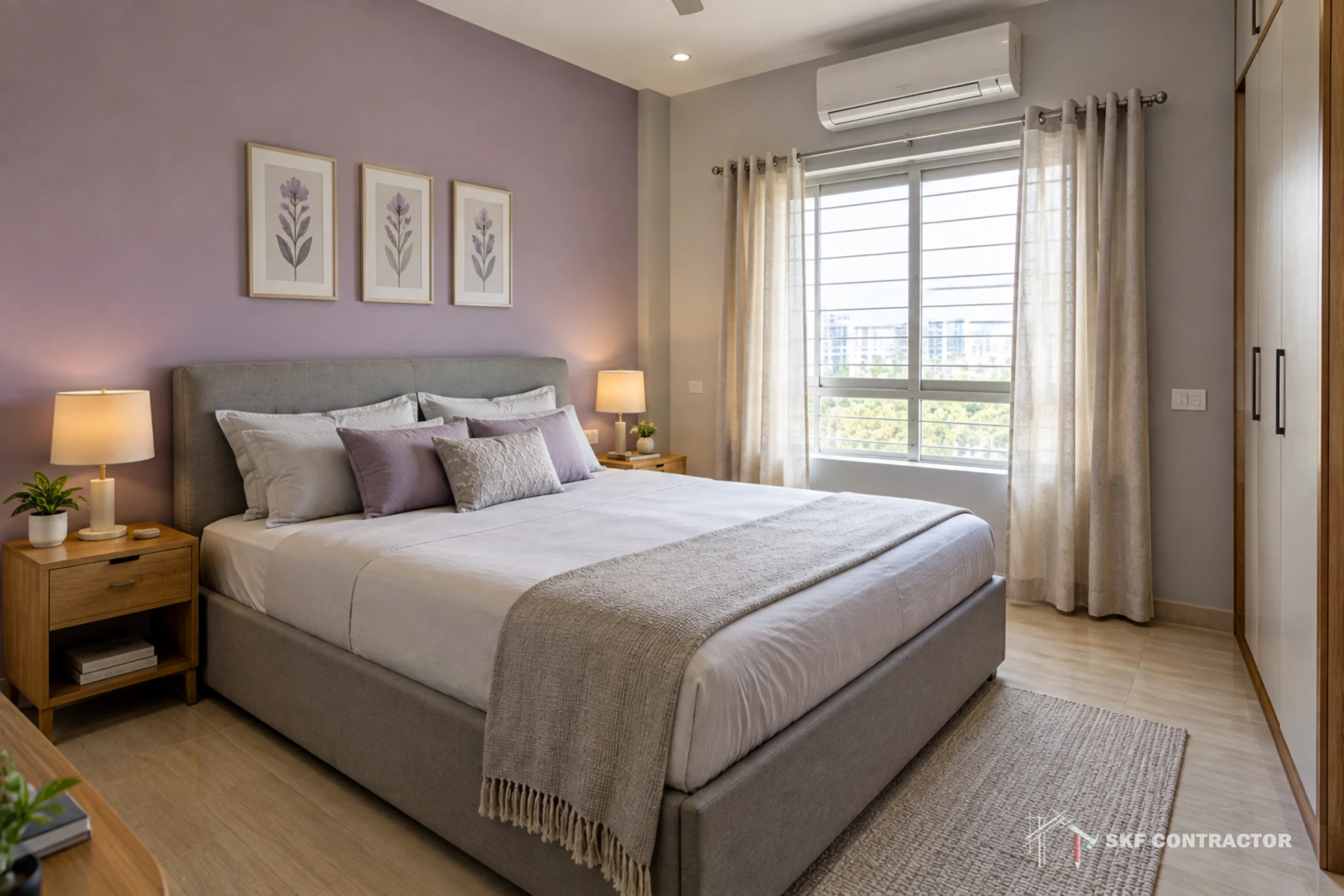Serene modern bedroom with a neatly made gray bed, lavender accent wall, botanical art, sunlit window, curtains, and warm wood furnishings.