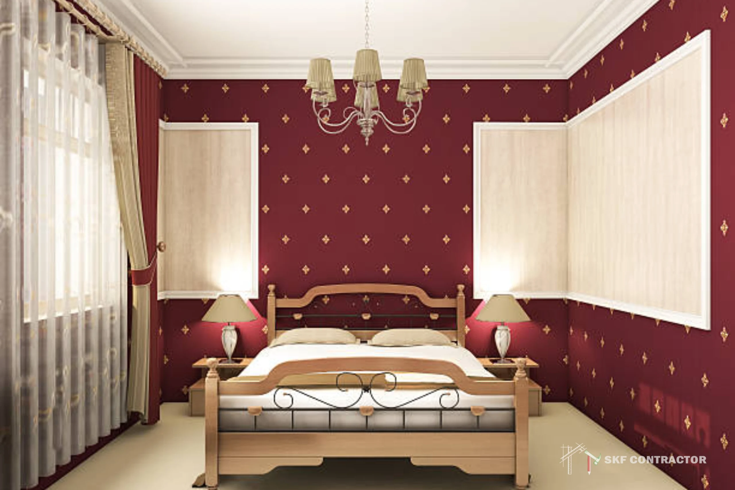 Elegant bedroom with burgundy patterned wallpaper, canopy-style bed, chandelier, tall curtained windows, and warm, inviting decor.