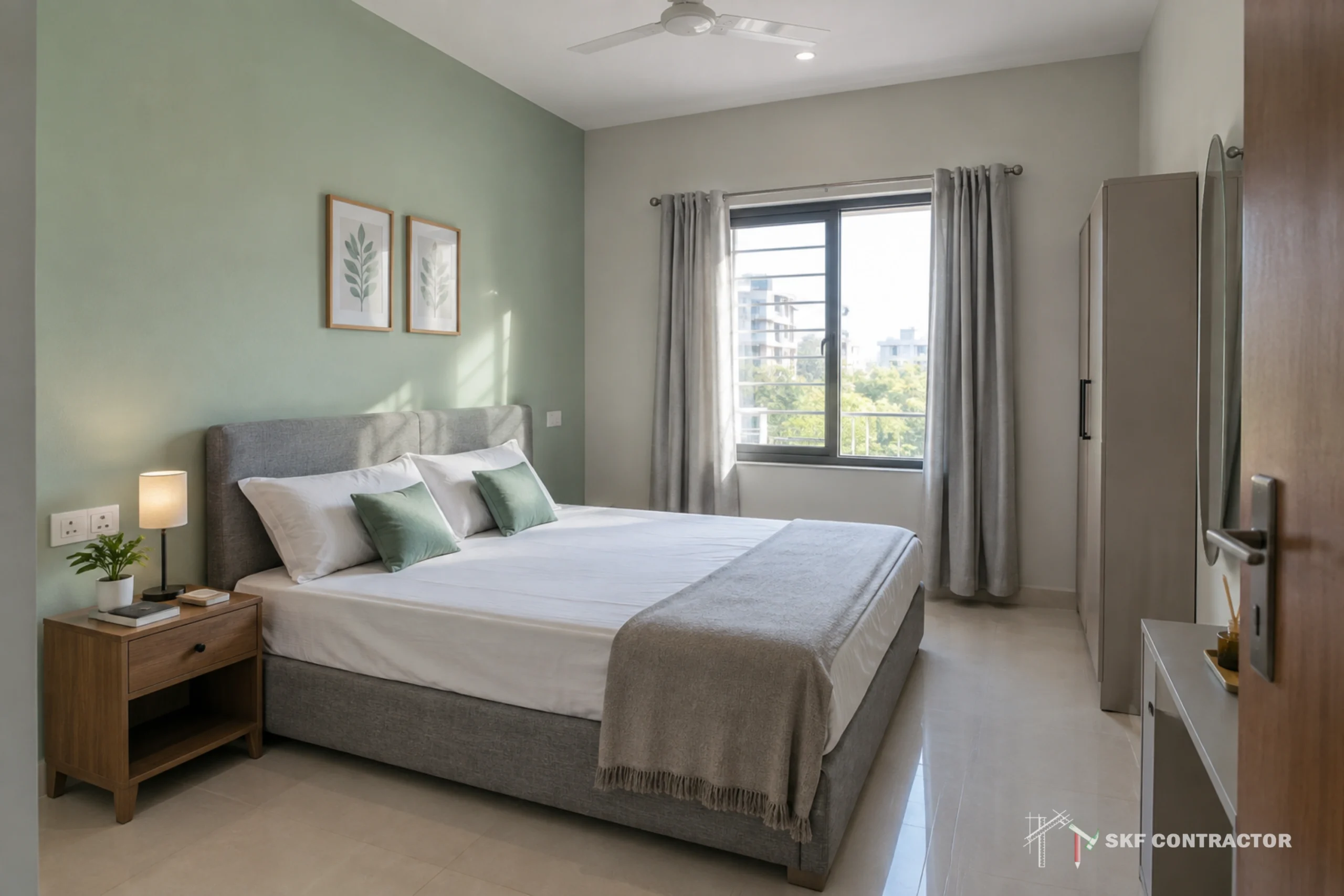 Bright, modern bedroom with a neatly made bed, gray throw, sage walls, framed botanical art, bedside lamp, window, and calm city view.