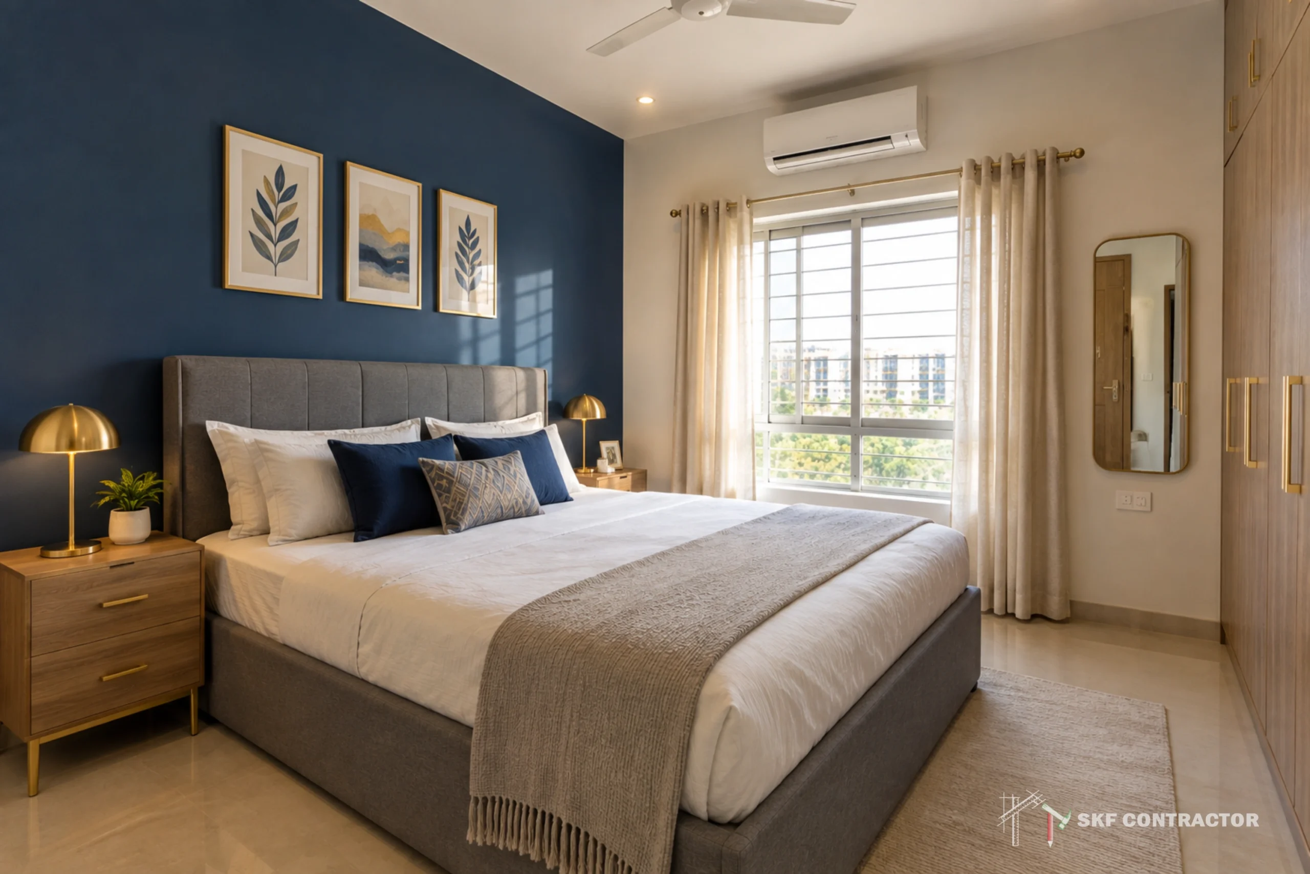 Modern bedroom with navy accent wall, upholstered bed, neutral linens, botanical art, bedside lamps, and a sunlit window; calm, elegant room.