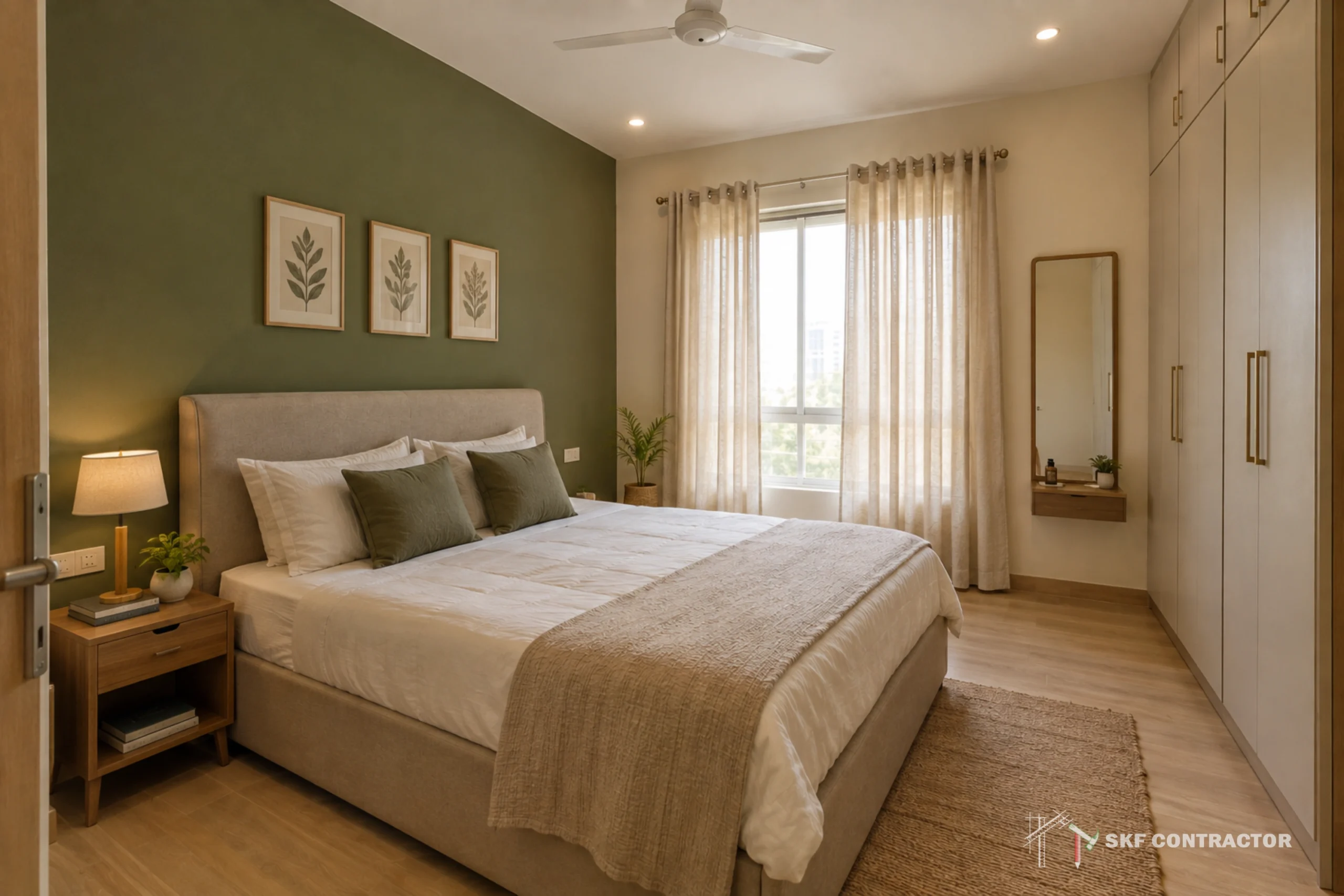 Warm, modern bedroom with a neatly made bed, olive-green accent wall, botanical art, sheer-curtained window, wardrobes, and calm earthy decor.