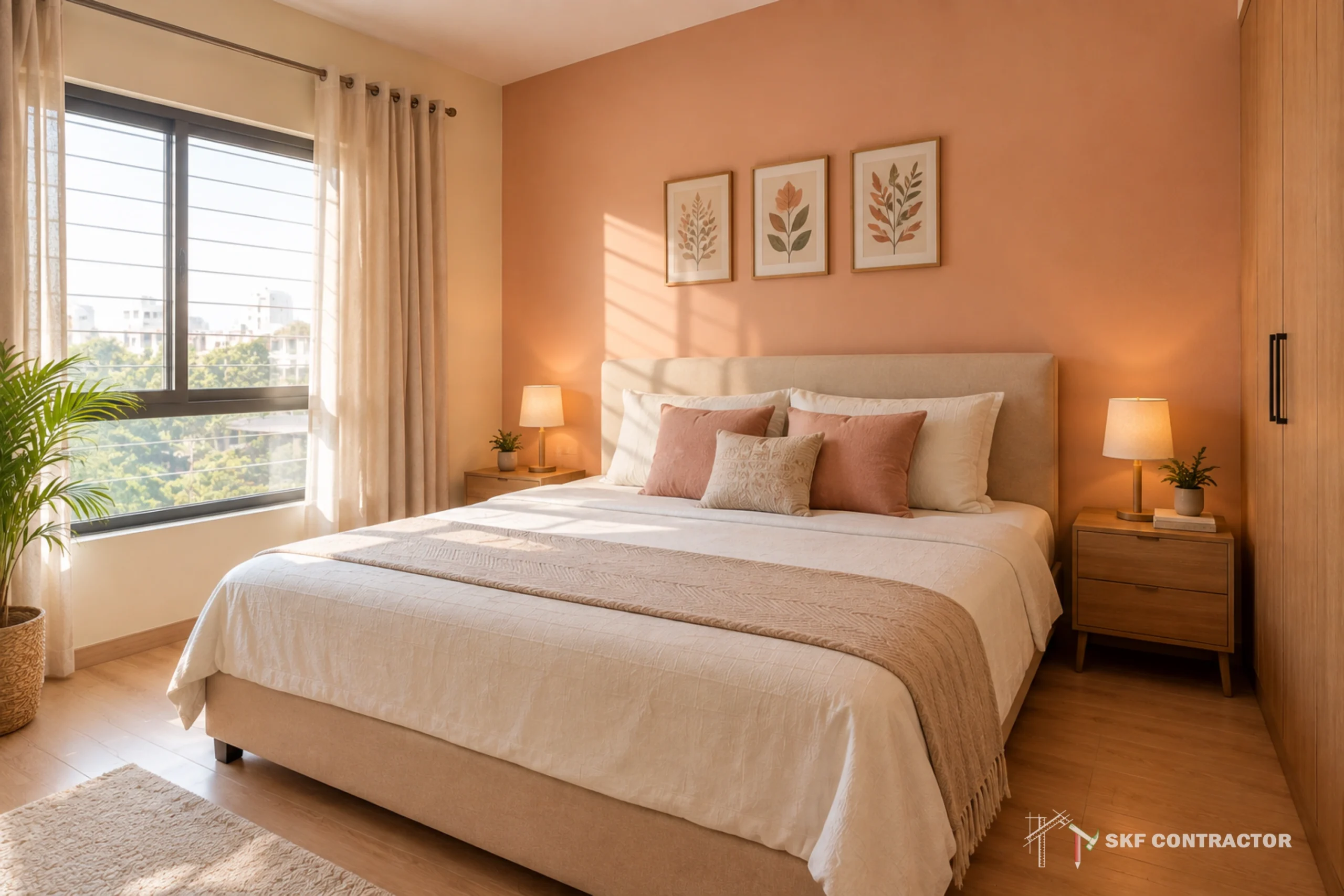 Warm, sunlit bedroom with a neatly made bed, terracotta wall, botanical art, bedside tables, window, and leafy plant; calm, inviting decor.