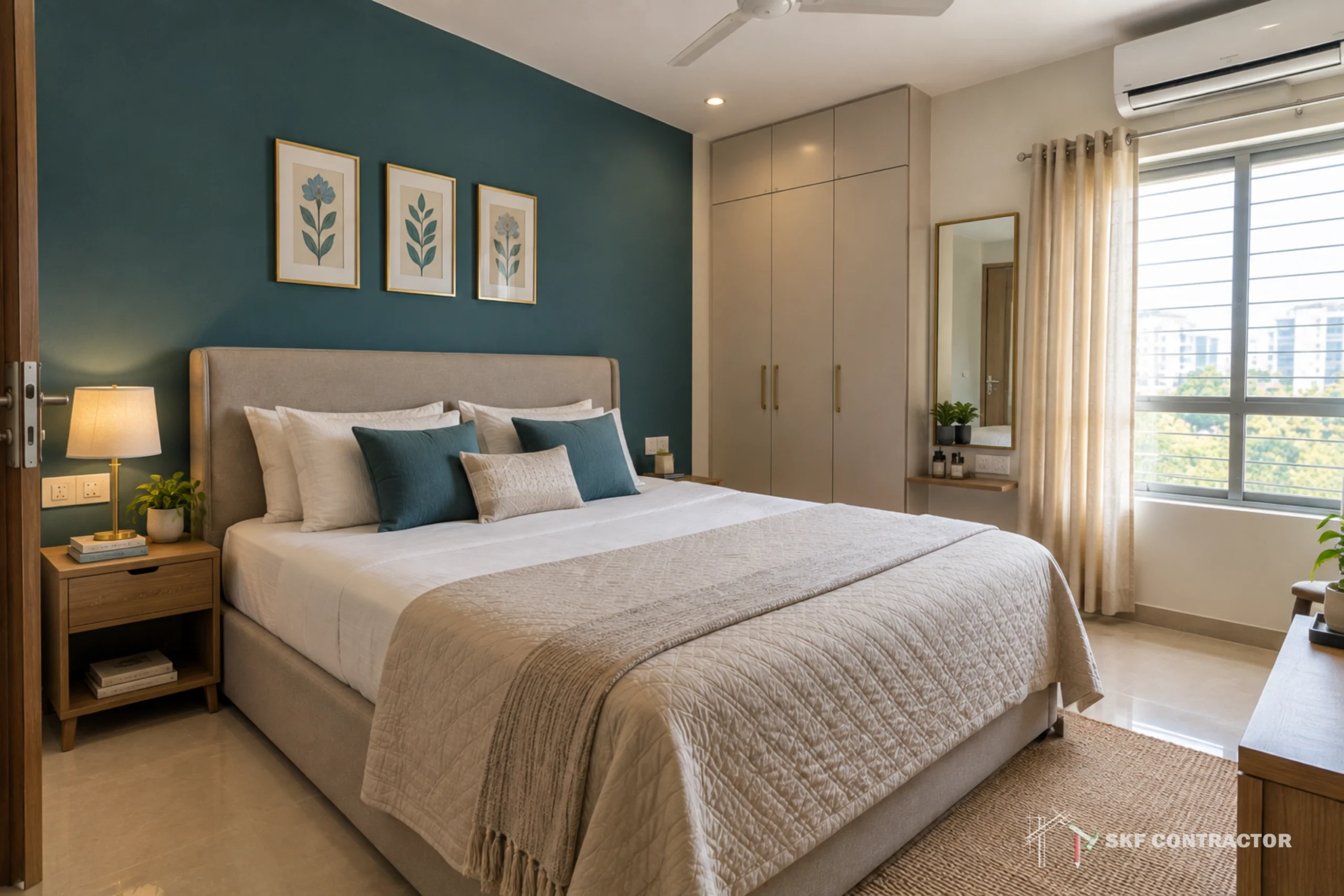 Serene modern bedroom with teal accent wall, neatly made bed, framed botanical art, warm lighting, wardrobe, and sunlit window.
